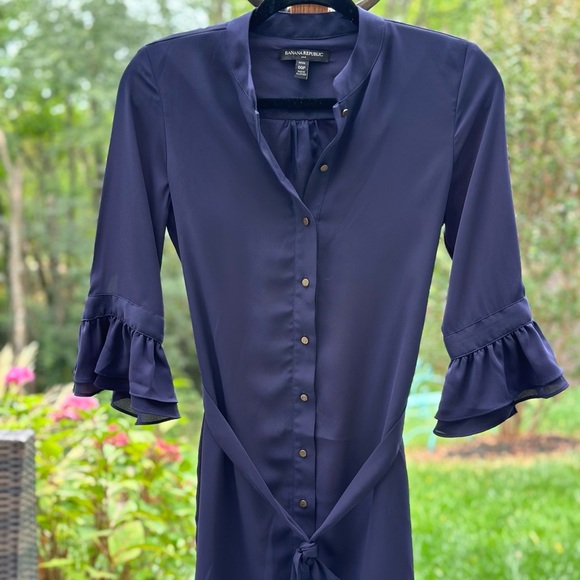 Banana Republic Navy Ruffle Sleeve Button-Down Dress - Picture 1 of 7